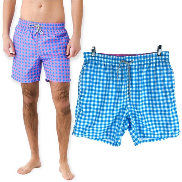 Michaels Swimwear Gingham Check Swim Trunk Shorts Blue White Size L - Picture 2 of 9